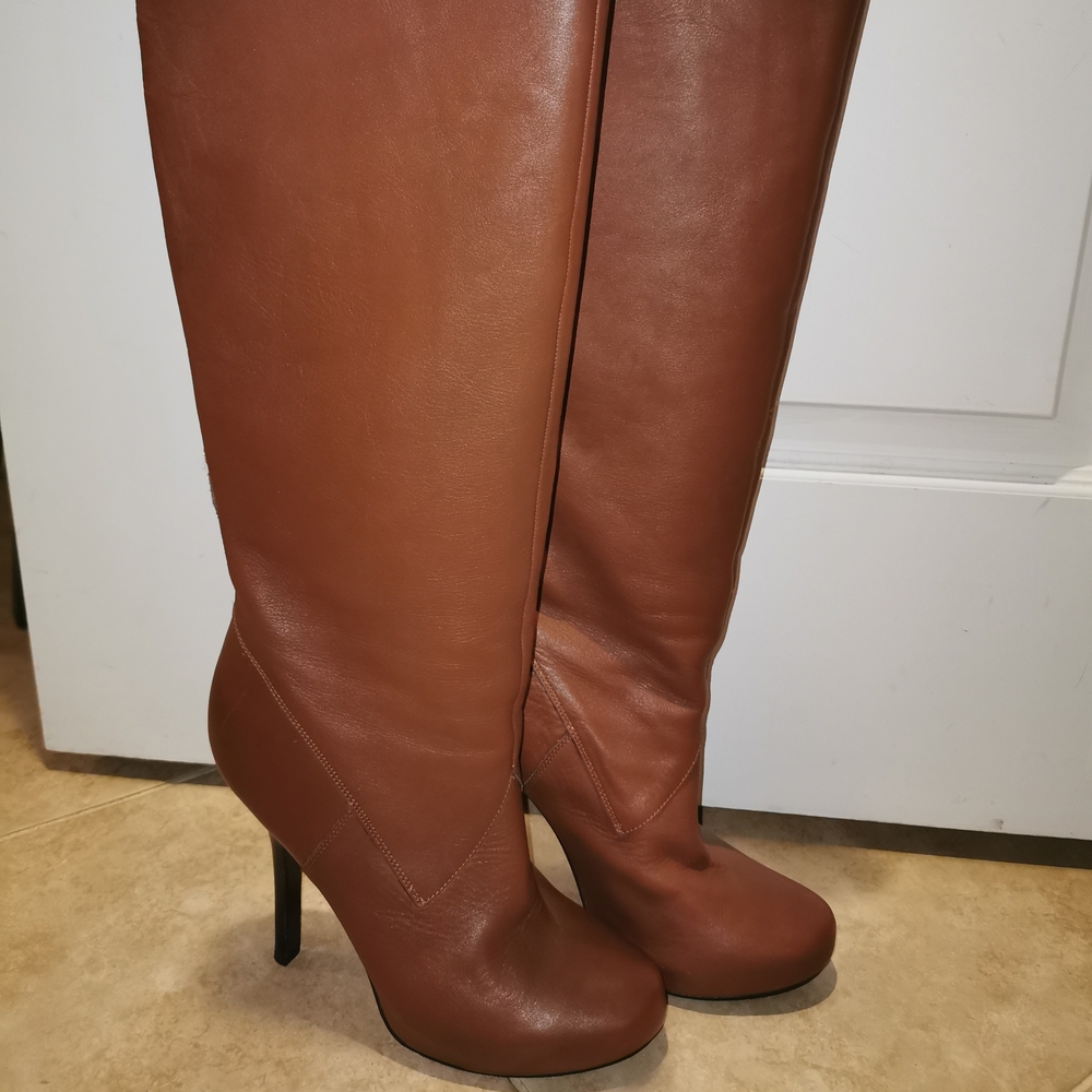 Elegant Brown Genuine Leather Knee-High High Heels Boots